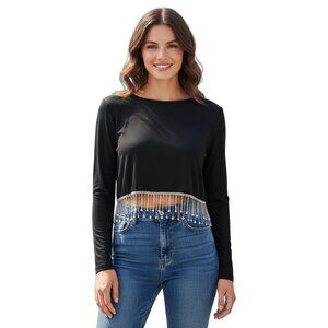 Shein Womens Black Long Sleeve Crop Top With Rhinestone Fringe